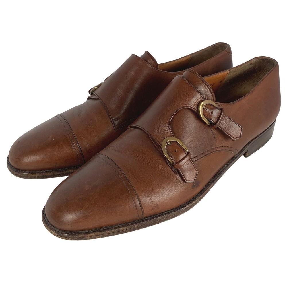 SALVATORE FERRAGAMO Leather Double Monk Strap Cap Toe Shoes 12 D Brown Italy
